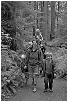 Family walking on forest trail. Olympic National Park, Washington, USA. (black and white)