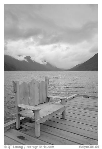 Chair on pier, Crescent Lake. Olympic National Park, Washington, USA.