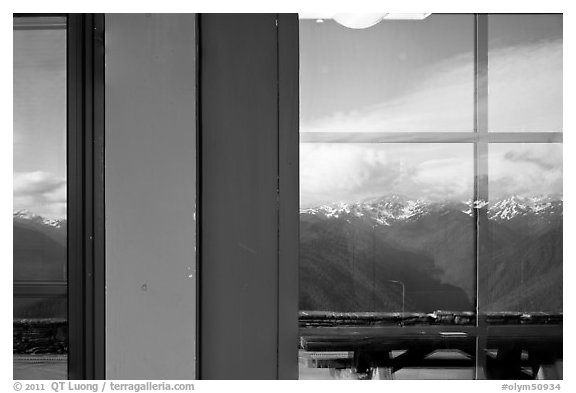Olympic Range, Huricane Ridge Visitor Center window reflexion. Olympic National Park (black and white)