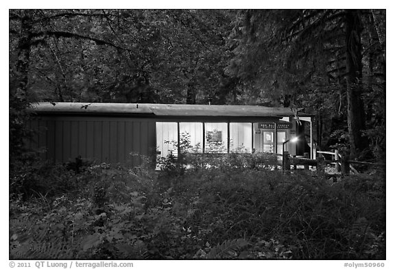 Hoh rain forest visitor center at dusk. Olympic National Park (black and white)