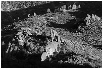 Rock formations and chaparral. Pinnacles National Park, California, USA. (black and white)