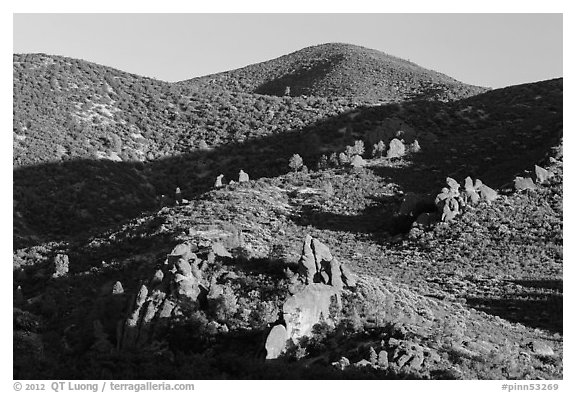 Rolling Gabilan Mountains with rocks and chaparral. Pinnacles National Park (black and white)