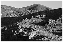 Rolling Gabilan Mountains with rocks and chaparral. Pinnacles National Park, California, USA. (black and white)