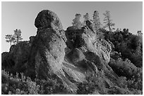 Rock monoliths on top of ridge at sunset. Pinnacles National Park, California, USA. (black and white)