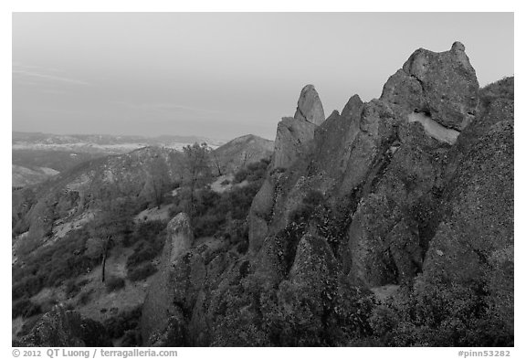 High Peaks rock crags at dusk. Pinnacles National Park (black and white)