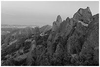 High Peaks rock crags at dusk. Pinnacles National Park, California, USA. (black and white)