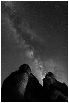 Milky Way and rocky towers. Pinnacles National Park, California, USA. (black and white)