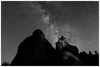 Night sky with Milky Way above High Peaks rocks. Pinnacles National Park, California, USA. (black and white)