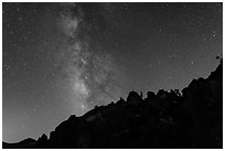 Rocky ridge and star-filled sky with Milky Way. Pinnacles National Park, California, USA. (black and white)