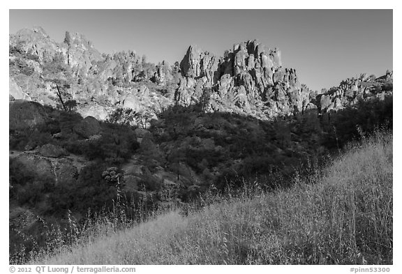 Summer grasses and pinnacles, early morning. Pinnacles National Park, California, USA.