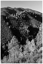 Gabilan Mountains dotted with rock pinnacles. Pinnacles National Park, California, USA. (black and white)