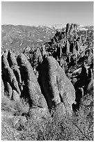 Igneous rock pinnacles and spires. Pinnacles National Park, California, USA. (black and white)