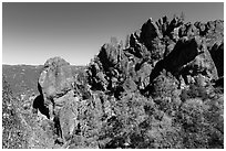 Rocky towers from ancient volcanic field. Pinnacles National Park, California, USA. (black and white)