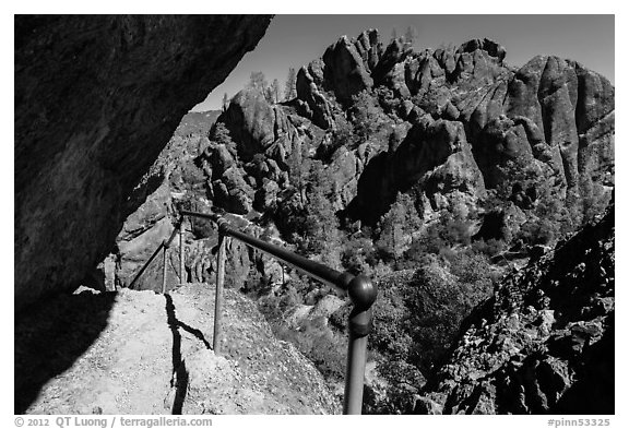 Trail passing under overhanging rock. Pinnacles National Park, California, USA.