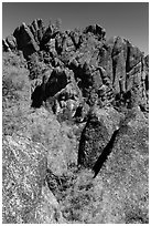 Breccia crag, High Peaks. Pinnacles National Park, California, USA. (black and white)