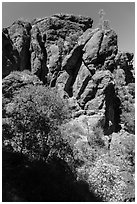 Cliffs of reddish rock. Pinnacles National Park, California, USA. (black and white)