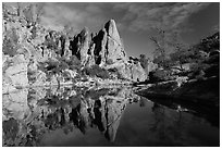 Spire and reflection in glassy water, Bear Gulch Reservoir. Pinnacles National Park, California, USA. (black and white)