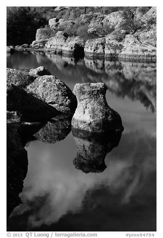 Rocks and reflections, Bear Gulch Reservoir. Pinnacles National Park (black and white)