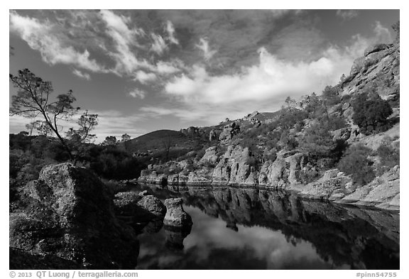 Clouds over Bear Gulch Reservoir. Pinnacles National Park (black and white)