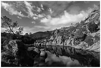 Clouds over Bear Gulch Reservoir. Pinnacles National Park, California, USA. (black and white)