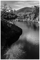 Ripples over water, Bear Gulch Reservoir. Pinnacles National Park, California, USA. (black and white)