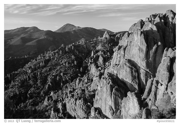 High Peaks with Chalone Peaks in the distance, early morning. Pinnacles National Park, California, USA.