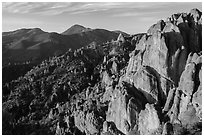 High Peaks with Chalone Peaks in the distance, early morning. Pinnacles National Park, California, USA. (black and white)