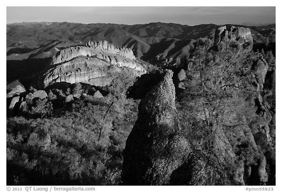 Balconies and pinnacle early morning. Pinnacles National Park (black and white)