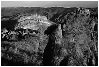 Balconies and pinnacle early morning. Pinnacles National Park, California, USA. (black and white)