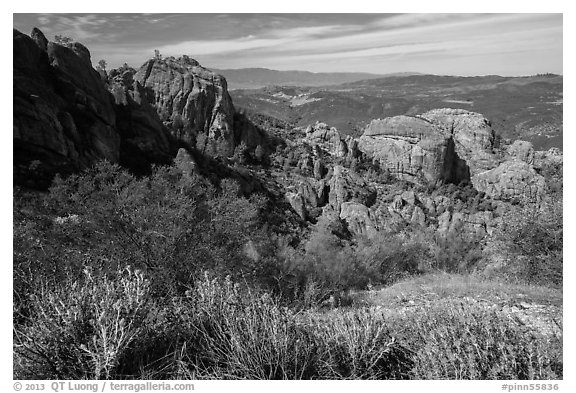 West side rock formations and spring wildflowers. Pinnacles National Park, California, USA.