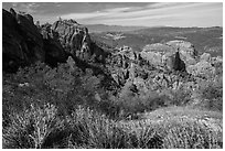 West side rock formations and spring wildflowers. Pinnacles National Park, California, USA. (black and white)