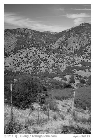 Looking down boundary fence. Pinnacles National Park, California, USA.