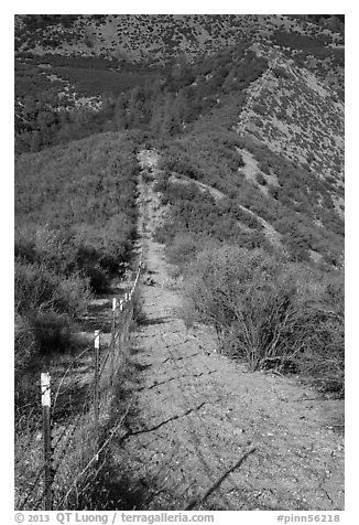 Boundary fence on steep hillside. Pinnacles National Park, California, USA.