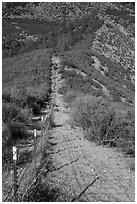 Boundary fence on steep hillside. Pinnacles National Park, California, USA. (black and white)