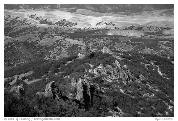 Pinnacles and hills from South Chalone Peak. Pinnacles National Park, California, USA.