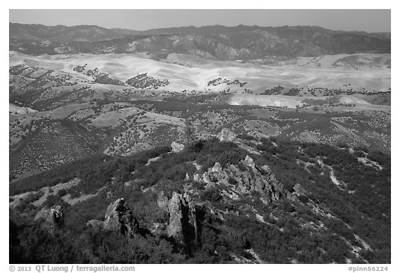 Hilly landscape seen from South Chalone Peak. Pinnacles National Park (black and white)
