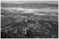 Hilly landscape seen from South Chalone Peak. Pinnacles National Park, California, USA. (black and white)