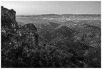 View from North Chalone Peak at dusk. Pinnacles National Park, California, USA. (black and white)