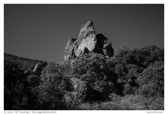 Pinnacle and stars on full moon night. Pinnacles National Park, California, USA.