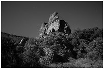 Pinnacle and stars on full moon night. Pinnacles National Park, California, USA. (black and white)