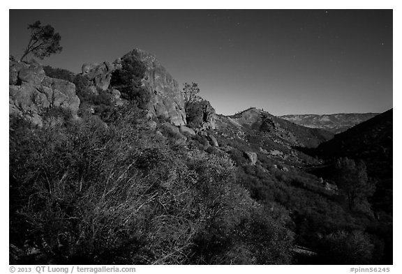 Moonlit landscape with rock towers. Pinnacles National Park, California, USA.