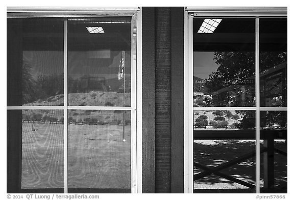 Chaparal hills, East entrance visitor center window reflexion. Pinnacles National Park (black and white)