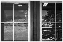 Chaparal hills, East entrance visitor center window reflexion. Pinnacles National Park ( black and white)