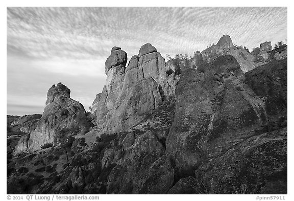 Rock towers above Juniper Canyon, late afternoon. Pinnacles National Park (black and white)