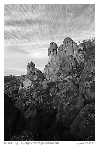 Rock towers and cirrocumulus clouds. Pinnacles National Park (black and white)