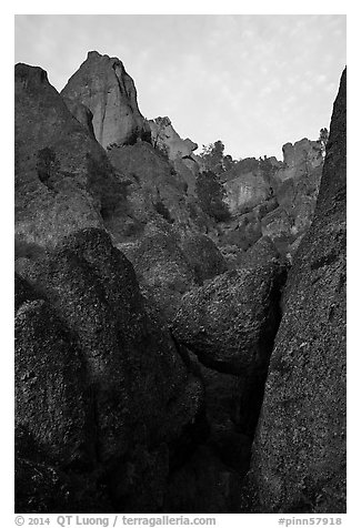Pinnacle rocks above at sunset. Pinnacles National Park (black and white)