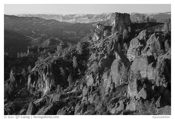 Pinnacles and Square Block Rock at sunset. Pinnacles National Park (black and white)