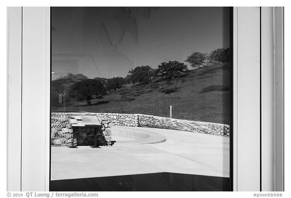 Hills and Pinnacles, West Pinnacles Visitor Contact Station window reflexion. Pinnacles National Park (black and white)