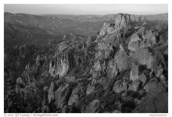 Rock spires at dusk. Pinnacles National Park (black and white)