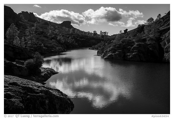 Bear Gulch Reservoir, winter afternoon. Pinnacles National Park (black and white)